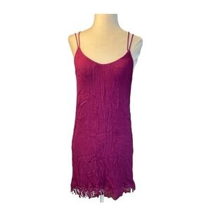Socialite Lace Trim Mini Dress Plum Crinkle Knit Crochet Trim Sleeveless Coverup